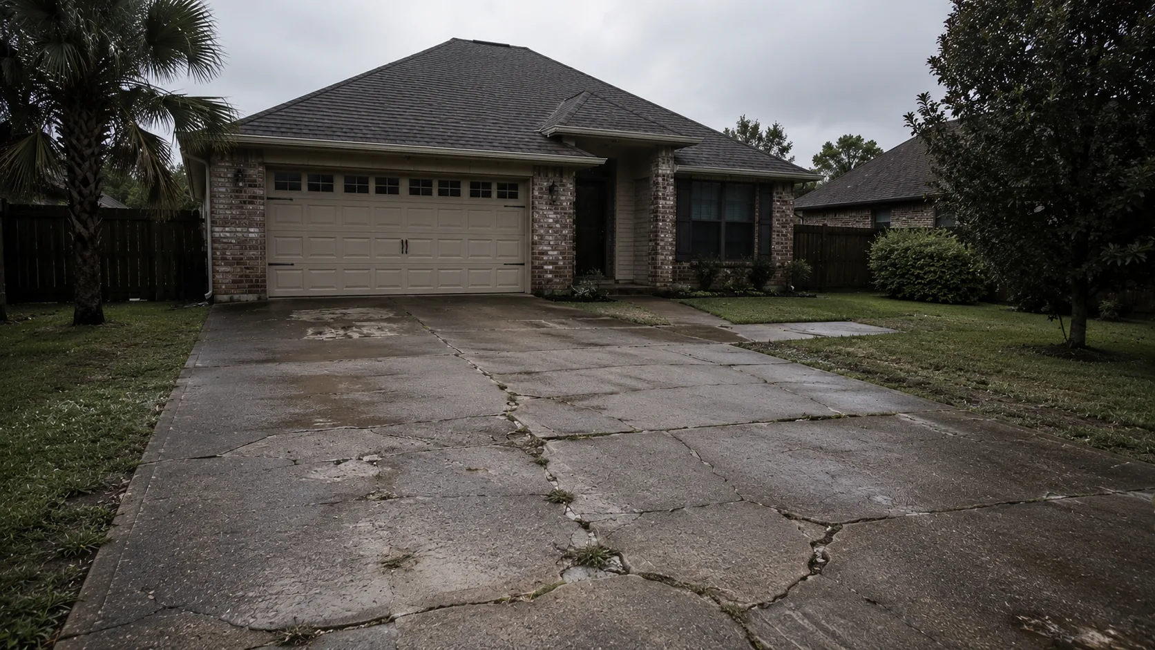 Exposed-aggregate concrete patio beside a home