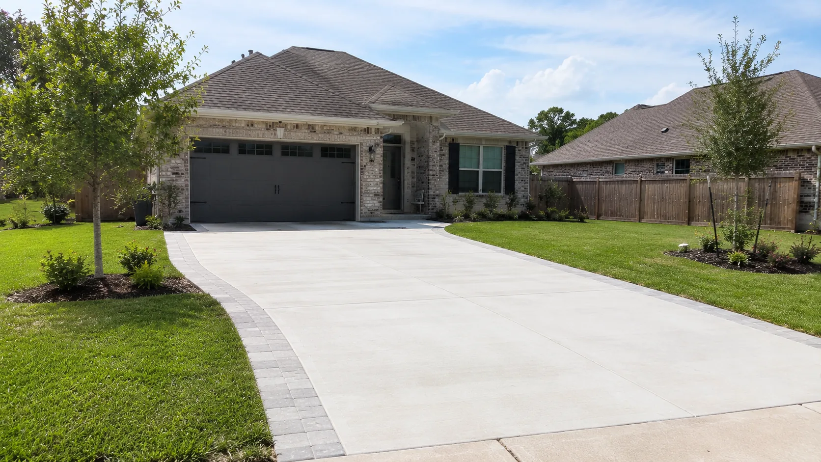 Freshly finished concrete driveway with a smooth broom texture