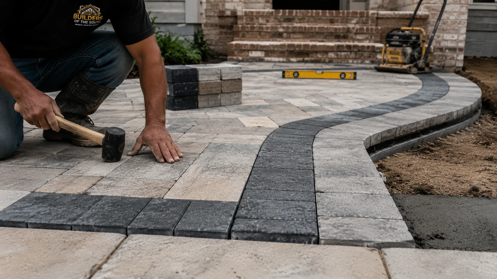 Concrete pathway through a landscaped yard