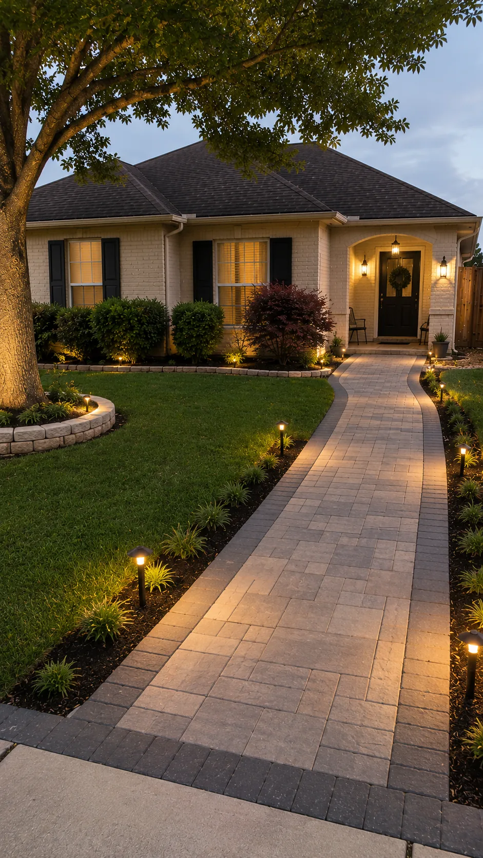 Home exterior with a landscaped walkway lit at dusk