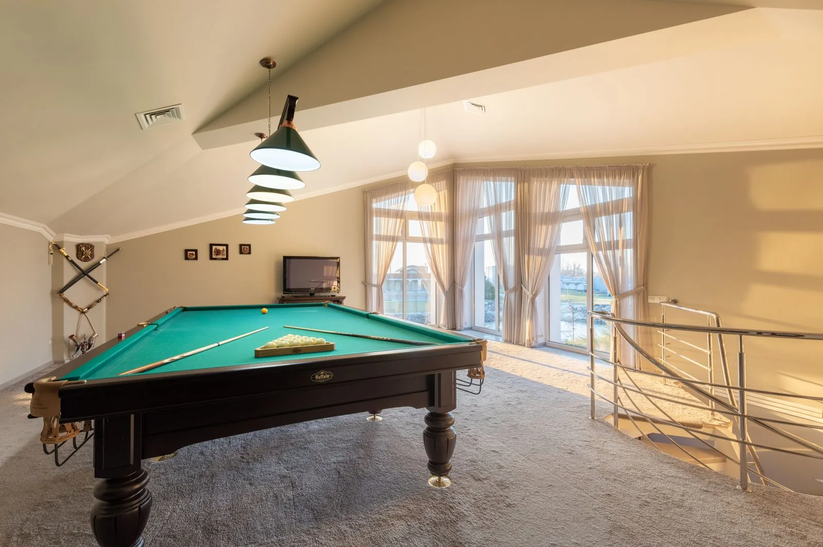 Home game room with a billiards table in a Pacific Northwest home