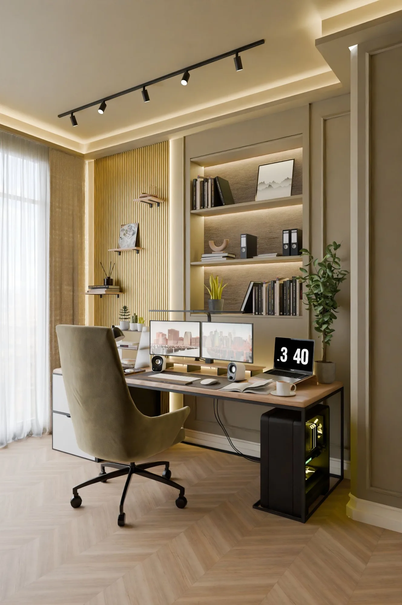Remodeled home office with a built-in desk and shelving
