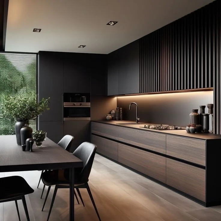Contemporary dark kitchen with wood cabinets, a slatted accent wall and a wood dining table.