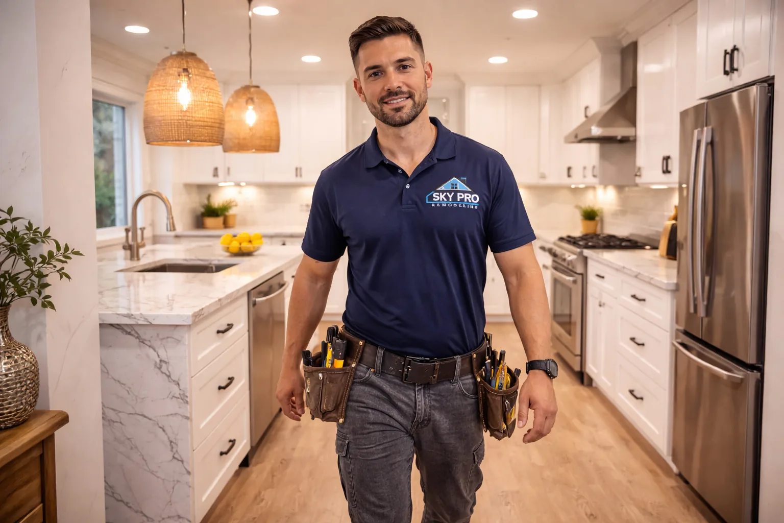 Remodeler in a Sky Pro Remodeling shirt standing in a white kitchen with a marble waterfall island.