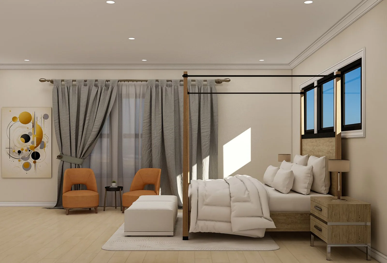 Luxury master suite bedroom with clean, modern finishes