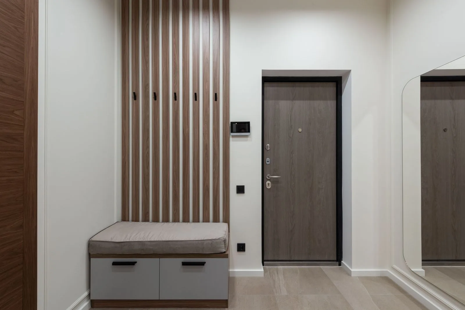 Custom mudroom with a built-in bench and lockers in a Pacific Northwest home