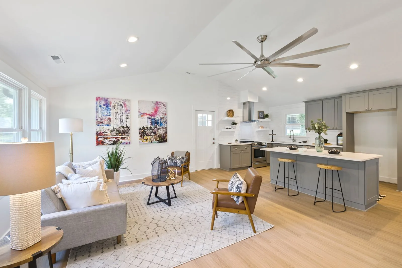 Open-concept living and kitchen space with premium materials