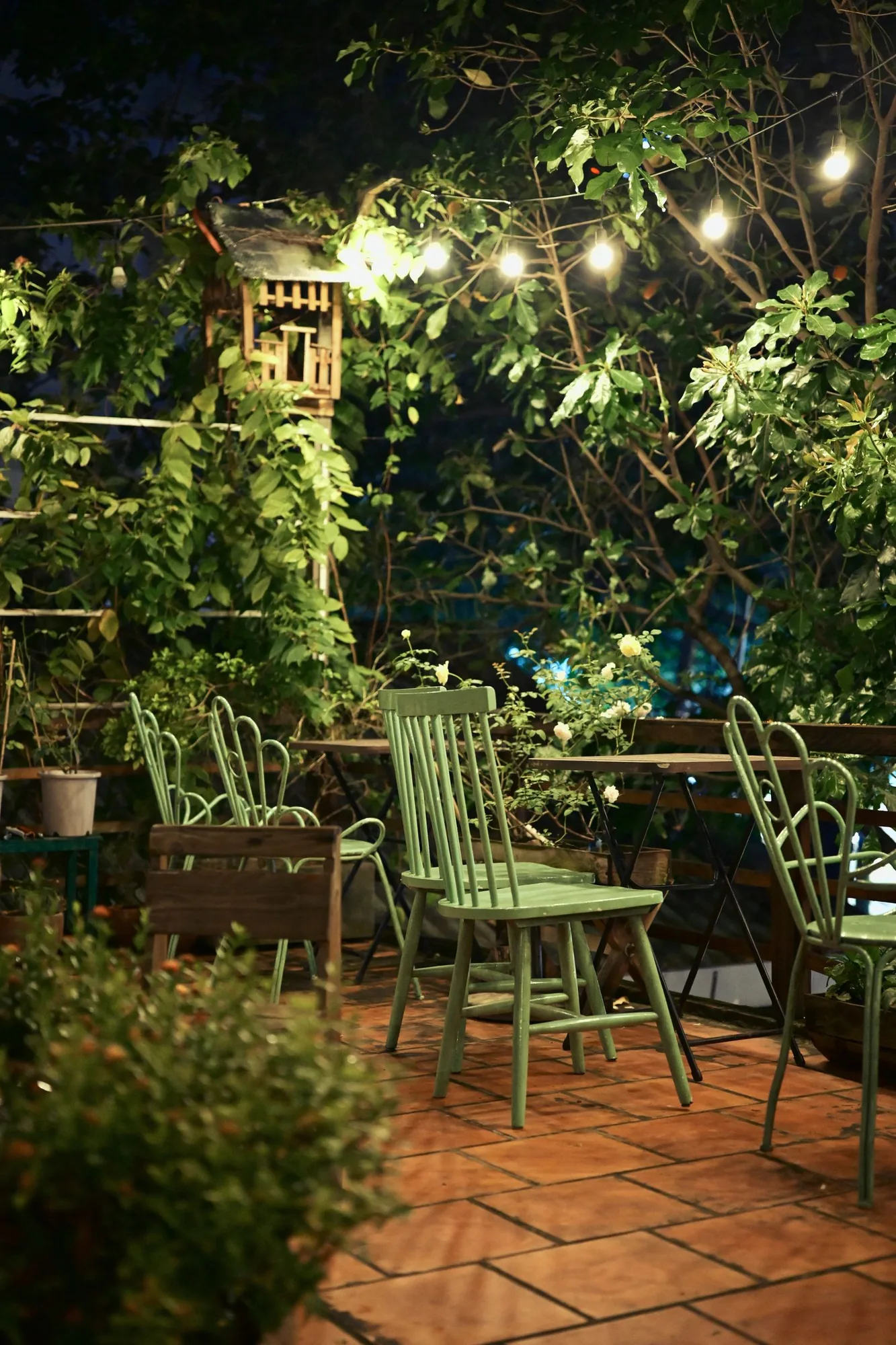Outdoor patio and landscape lighting in the evening with natural light