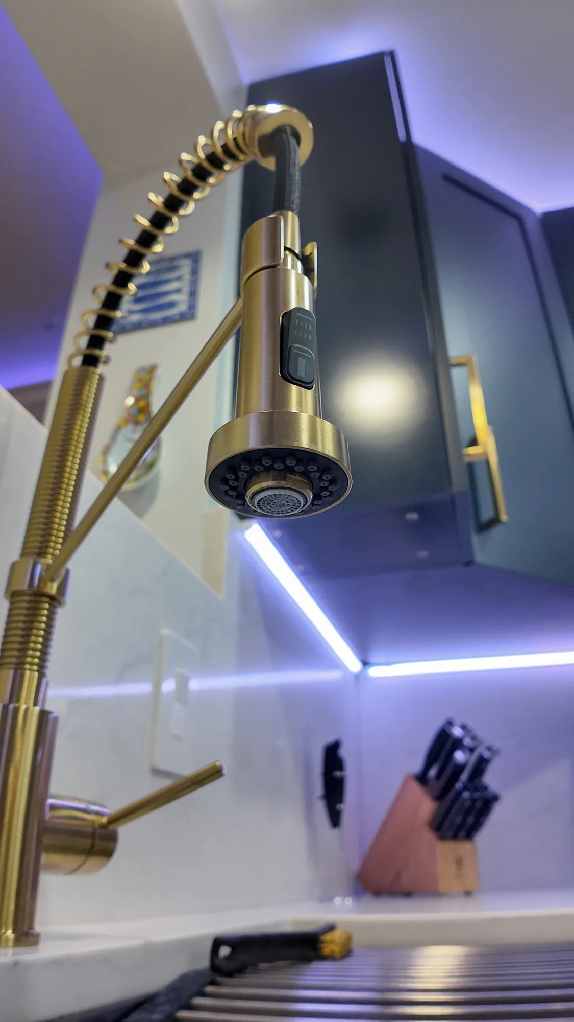 Close-up of the brass pull-down faucet spray head above a stainless kitchen sink.
