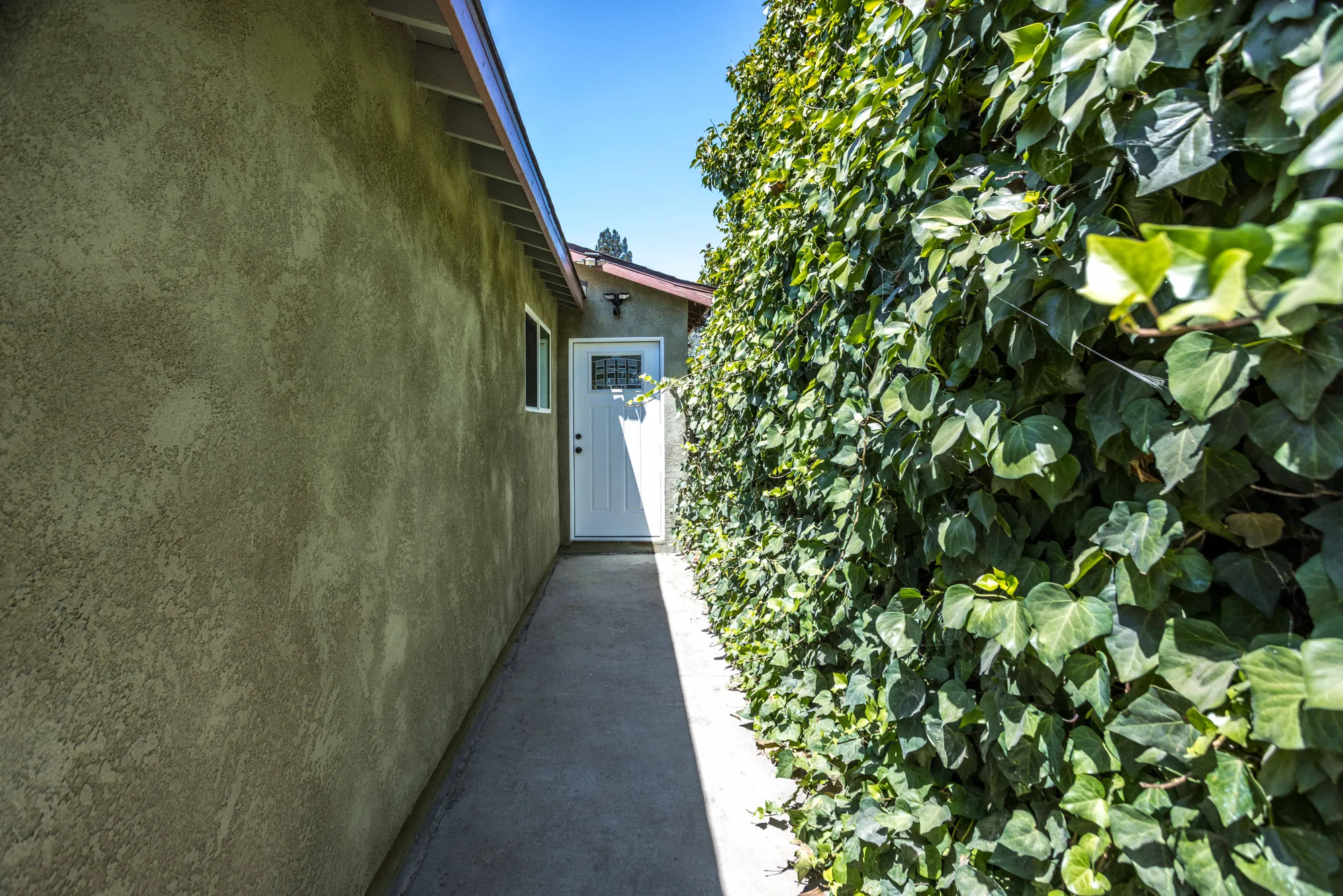 Narrow concrete walkway along a stucco wall leading to a white entry door with a glass insert.