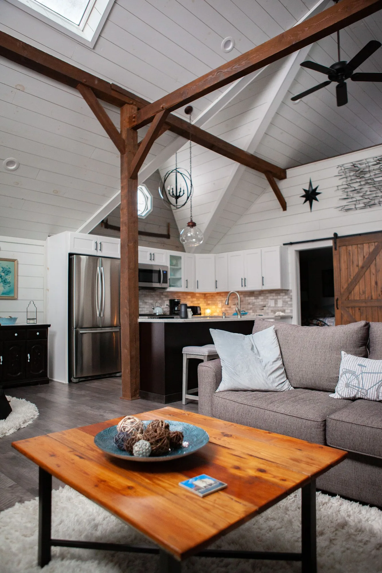Open interior with exposed structural beams