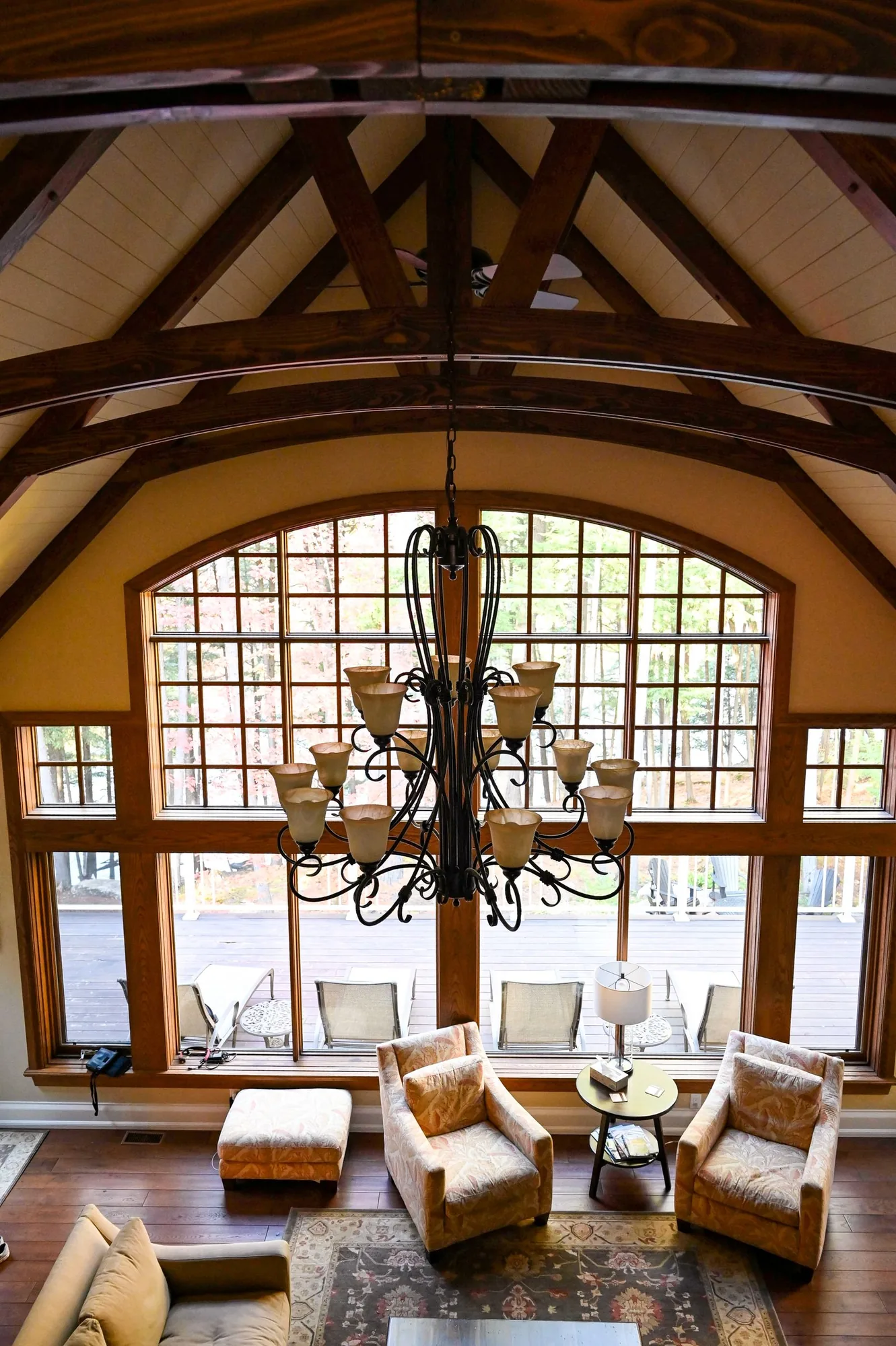 Open interior with exposed structural beams with clean, modern finishes