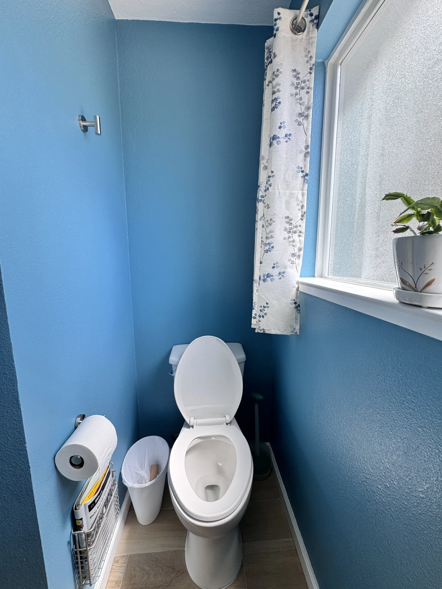 Toilet tucked into a deep blue alcove with wood-look flooring and a curtained privacy window.